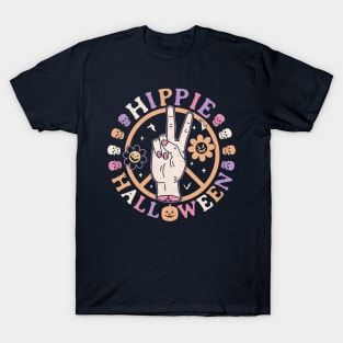 Hippie Halloween Pumpkin Retro Groovy Flower Peace Sign T-Shirt